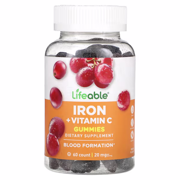 Lifeable, Iron + Vitamin C Gummies, Grape, 60 Gummies