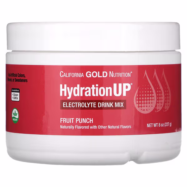 California Gold Nutrition, Beverages, HydrationUP®, Electrolyte Drink Mix with Calcium, Potassium, Vitamin C, and Vitamin E, Fruit Punch, 8 oz (227 g)
