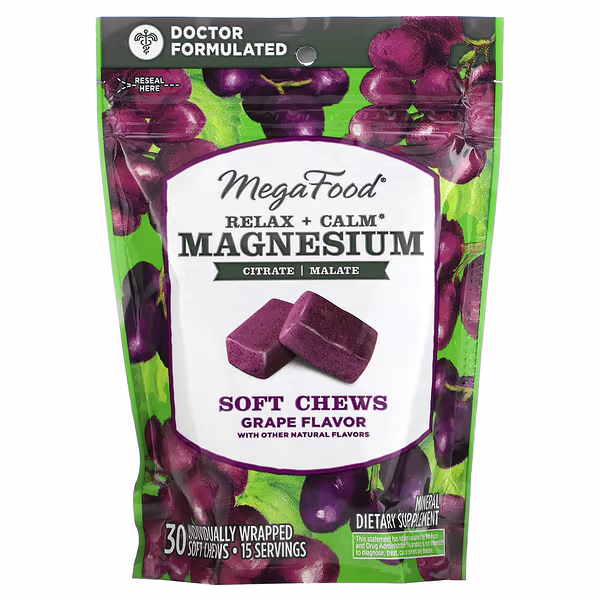 MegaFood, Relax + Calm Magnesium Soft Chews, Grape, 30 Individually Wrapped Soft Chews (125 mg per Chew)