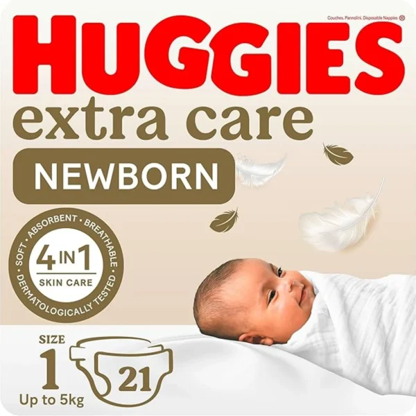 Huggies - Extra Care Newborn, Size 1, Up to 5 kg, Carry Pack, 21 Diapers