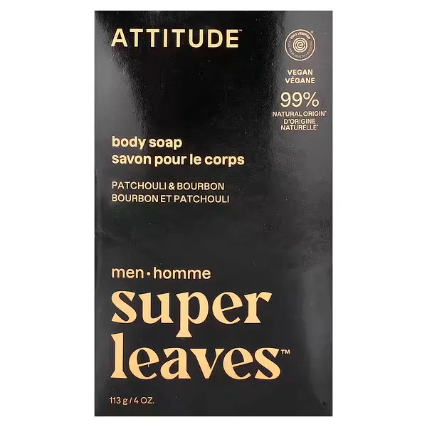 ATTITUDE Super Leaves™ Men’s Body Bar Soap Patchouli & Bourbon, EWG Verified®, 113 g
