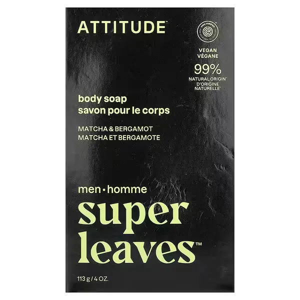 ATTITUDE Super Leaves™ Men’s Body Bar Soap, Matcha & Bergamot, EWG Verified®, 113 g
