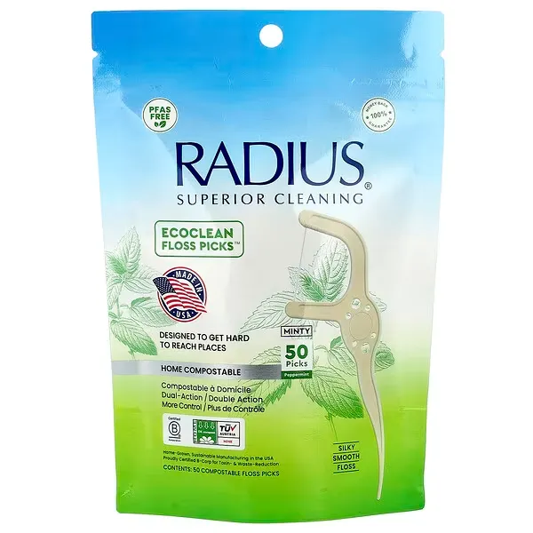 RADIUS, EcoClean Floss Picks™, Minty Peppermint, 50 Compostable Floss Picks