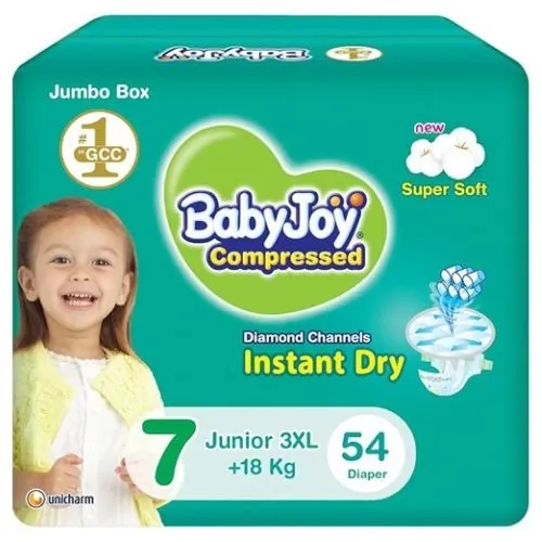 Compressed Diamond Pad Diaper Jumbo Box by Babyjoy 3XL  7, 54 Count +18kg