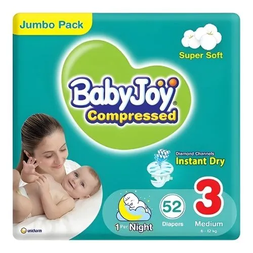 Compressed Diamond Pad Diaper Jumbo Box by Babyjoy Medium 3, 52 Count Up to 12 kg