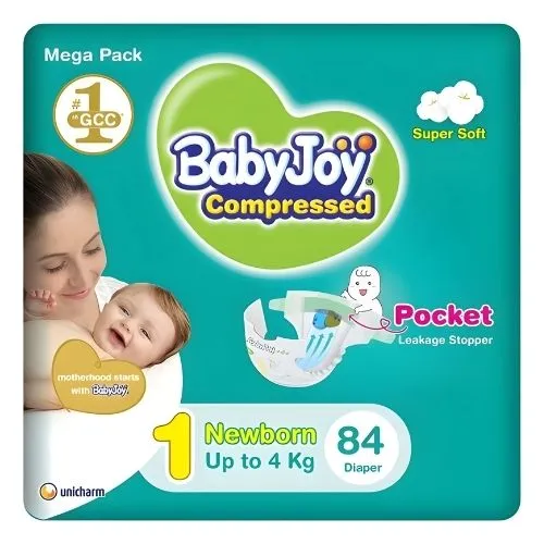 Compressed Diamond Pad Diaper Mega Pack Newborn by Babyjoy Size 1, 84 Count Up To 4 Kg
