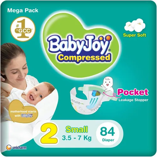 Compressed Diamond Pad Diaper Mega Pack Small by Babyjoy Size 2, 84 Count Up To 7 Kg
