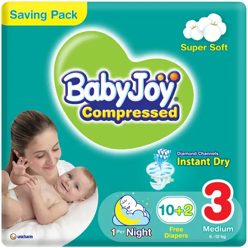 Compressed Diamond Pad Diaper Saving Pack by Babyjoy Medium 3, 12 Count Up to 12 kg