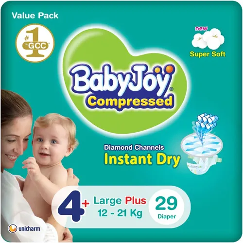 Compressed Diamond Pad Diaper Value Pack by Babyjoy Large 4+, 29 Count Up to 21 kg