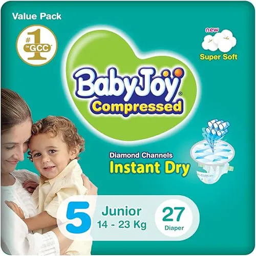 Compressed Diamond Pad Diaper Value Pack by Babyjoy Large 5, 27 Count Up to 23 kg