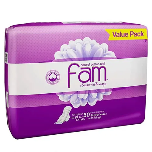 Fam Natural Cotton Feel Feminine Pads,Super,50 pcs