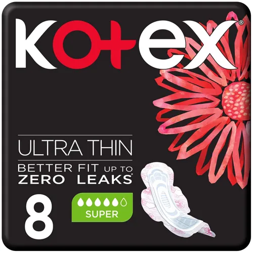 Kotex Feminine Pads Zero Leaks Night,Ultra Thin, Super, 8 pcs