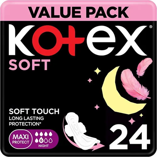 Kotex Soft Feminine Pads Zero Leaks Night , Maxi, 24 pcs