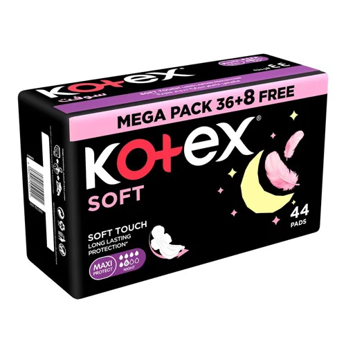 Kotex Soft Feminine Pads Zero Leaks Night , Maxi, 36 pcs  , +8 free