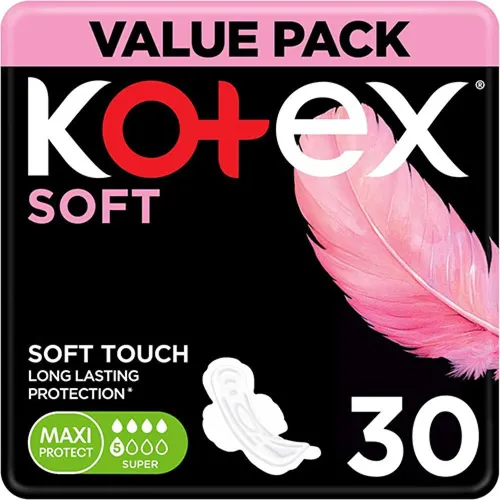 Kotex Soft Feminine Pads Zero Leaks Night , Maxi, Super, 30 pcs