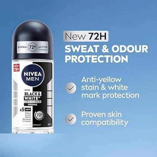 Nivea Antiperspirant Roll On Black and White Invisible for Men, 50 ml - Image 2