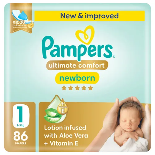 Pampers Ultimate Comfort Diapers with Aloe Vera Cream, Size 1, 86 pcs