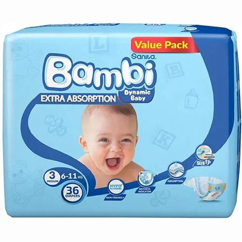 Sanita Bambi Extra Absorption Diapers, Size 3, 36 pcs