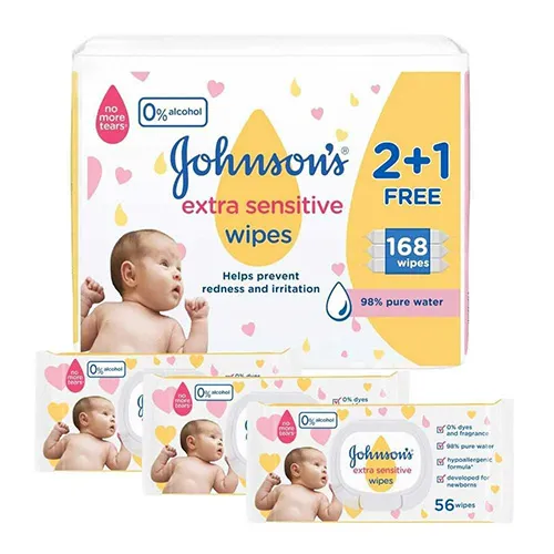 Johnson's Baby Wipes for Extra Sensitive Skin, 168 wipes, 2+1 offer - الصورة 2