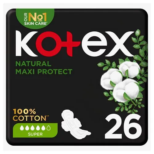 Kotex Natural Cotton Feminine Pads, Maxi Super, 26 pcs