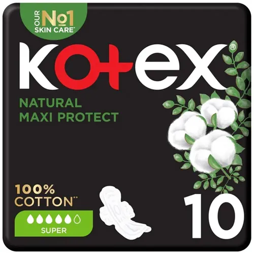 Kotex Natural Cotton Feminine Pads, Maxi Super,10 pcs