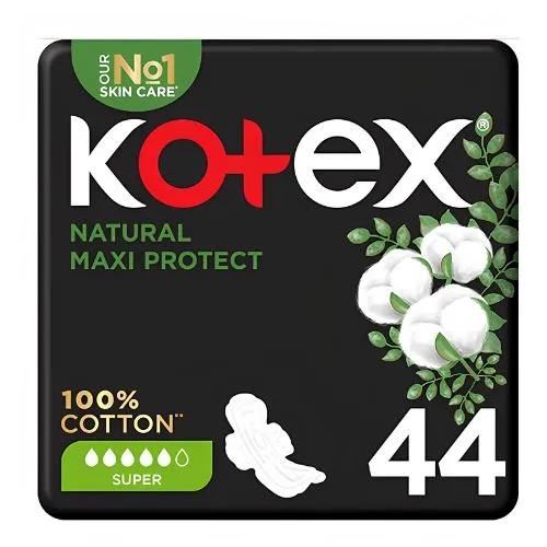 Kotex Natural Cotton Feminine Pads, Maxi Super,44 pcs
