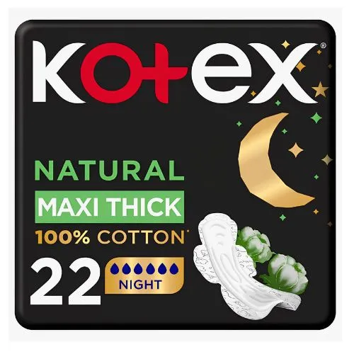 Kotex Natural Cotton Feminine Pads Night, Maxi Thick, 22 pcs