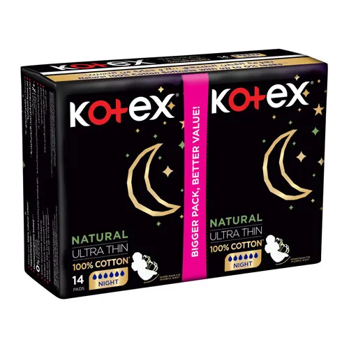 Kotex Natural Cotton Feminine Pads Night, Ultra Thin, Super, 14 pcs