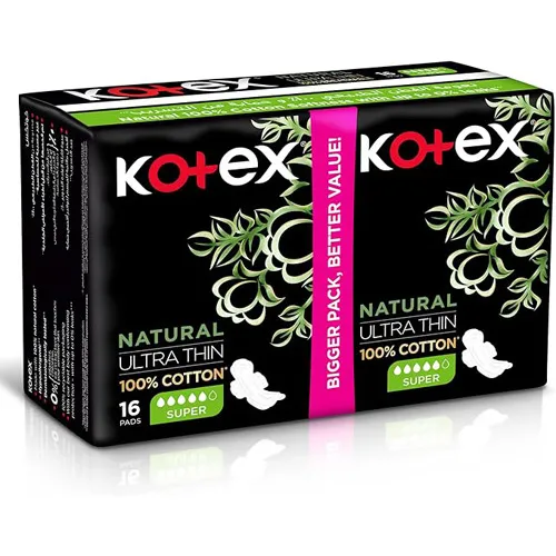 Kotex Natural Cotton Feminine Pads,Ultra Thin, Super, 16 pcs