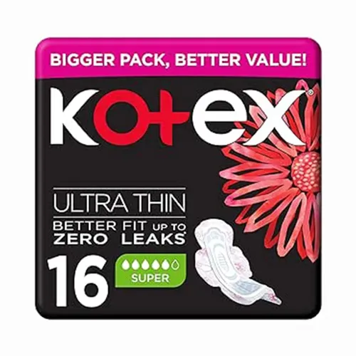 Kotex Zero Leaks Feminine Pads Night, Ultra Thin, Super, 16 pcs