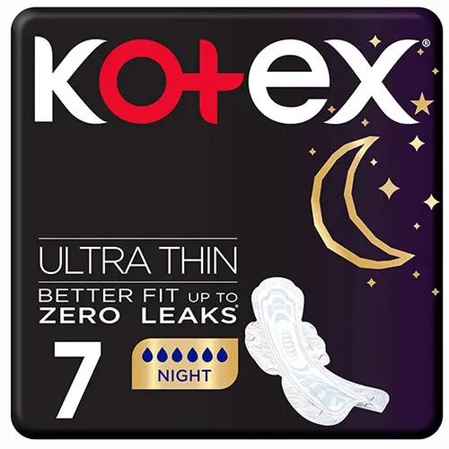 Kotex Zero Leaks Feminine Pads Night, Ultra Thin, Super, 7 pcs