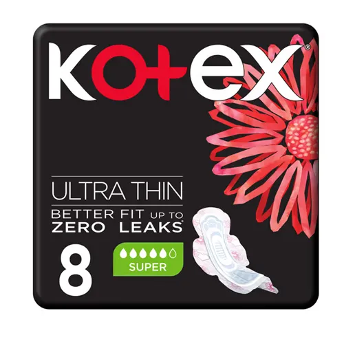 Kotex Zero Leaks Feminine Pads Night, Ultra Thin, Super, 8 pcs